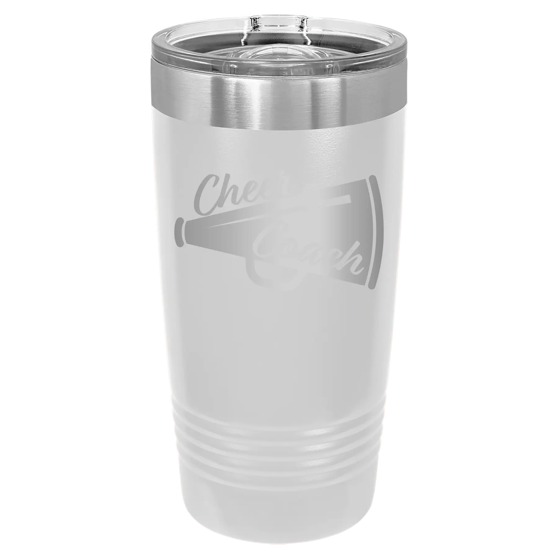 Laser etched white 20 oz vacuum insulated tumbler with 'Cheer Coach' design