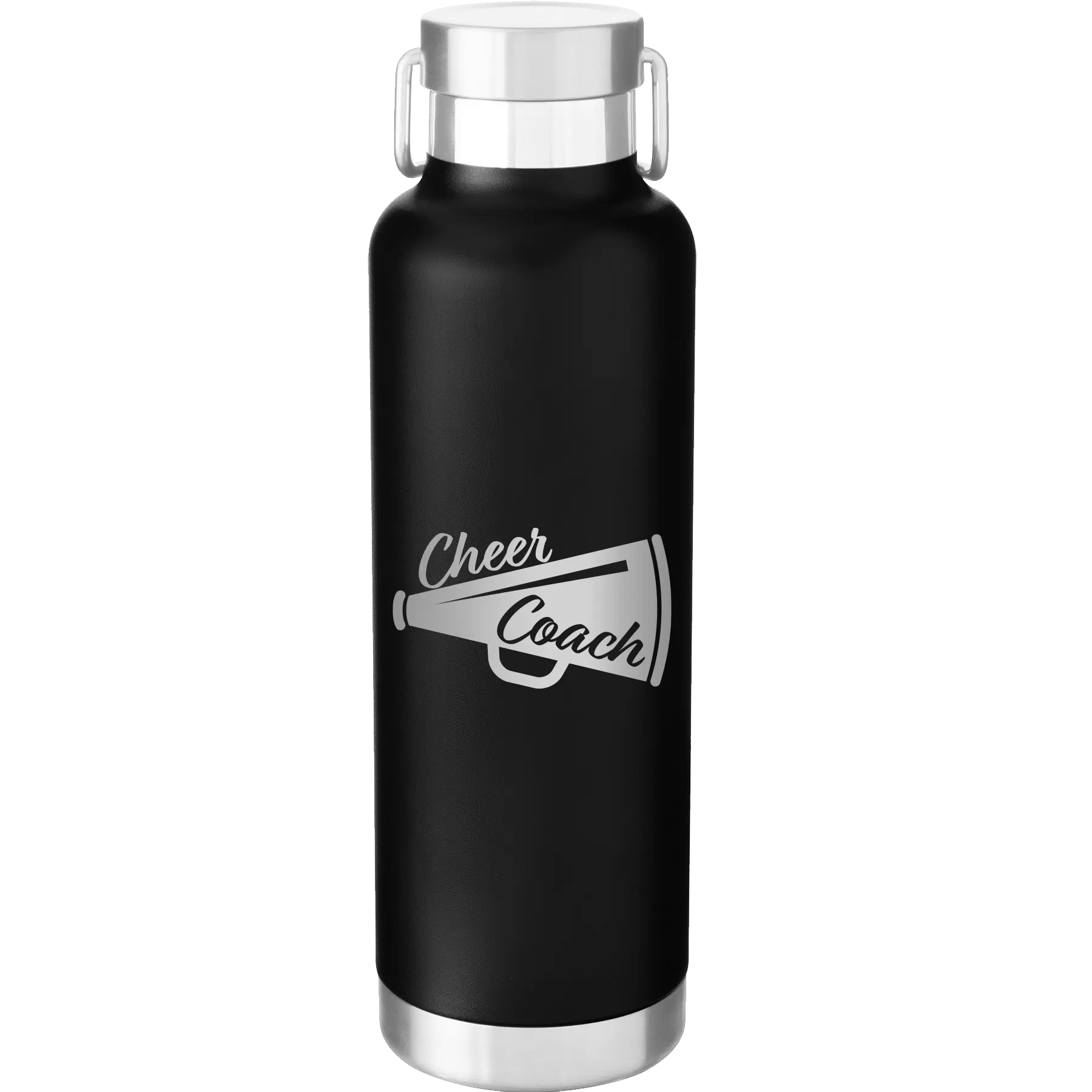 Laser etched black 24 oz vacuum insulated water bottle with 'Cheer Coach' design