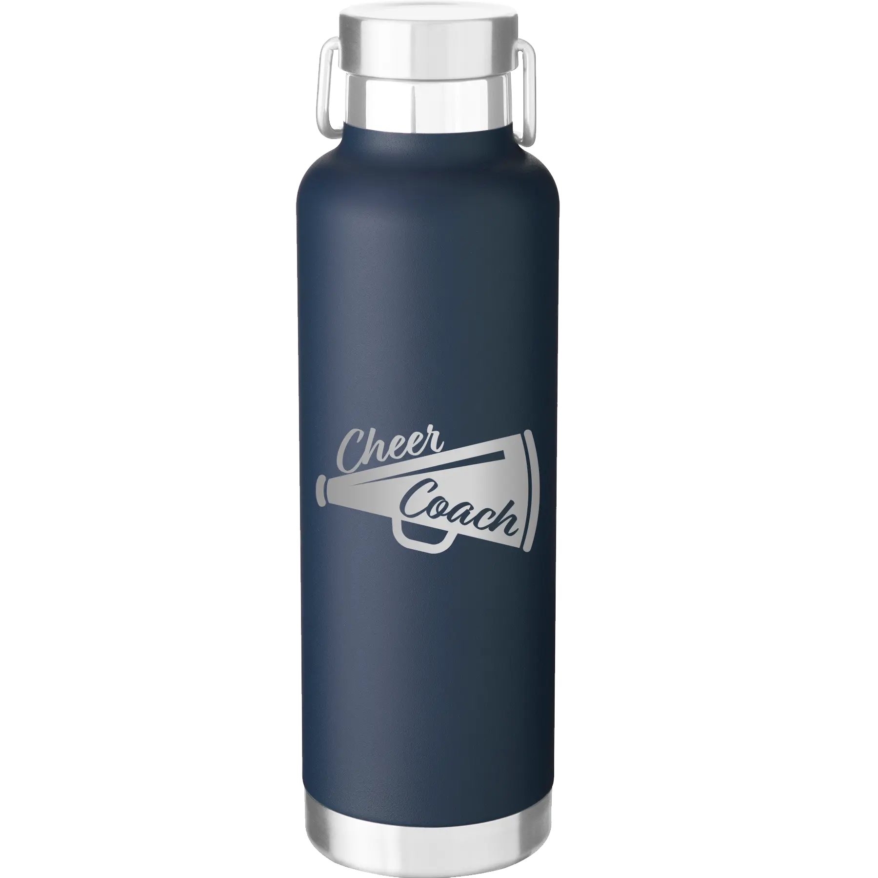 Laser etched navy 24 oz vacuum insulated water bottle with 'Cheer Coach' design