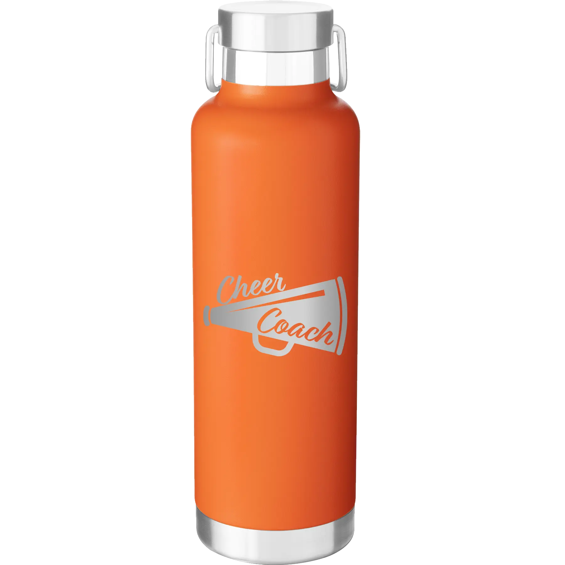 Laser etched orange 24 oz vacuum insulated water bottle with 'Cheer Coach' design