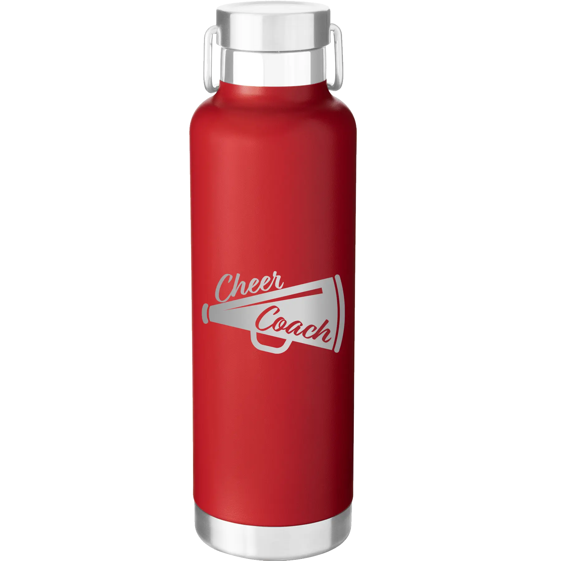 Laser etched red 24 oz vacuum insulated water bottle with 'Cheer Coach' design
