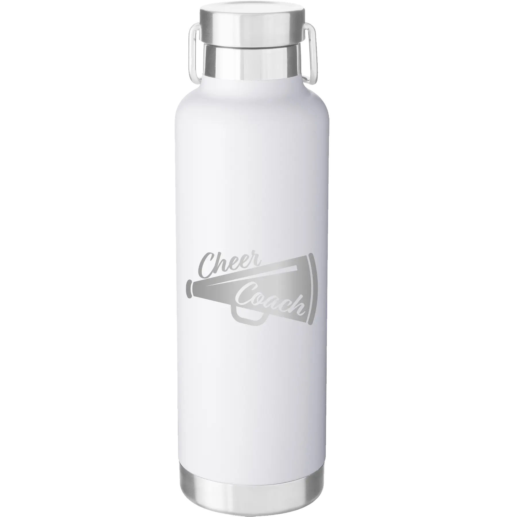 Laser etched white 24 oz vacuum insulated water bottle with 'Cheer Coach' design