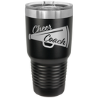 Laser etched black 30 oz vacuum insulated tumbler with 'Cheer Coach' design
