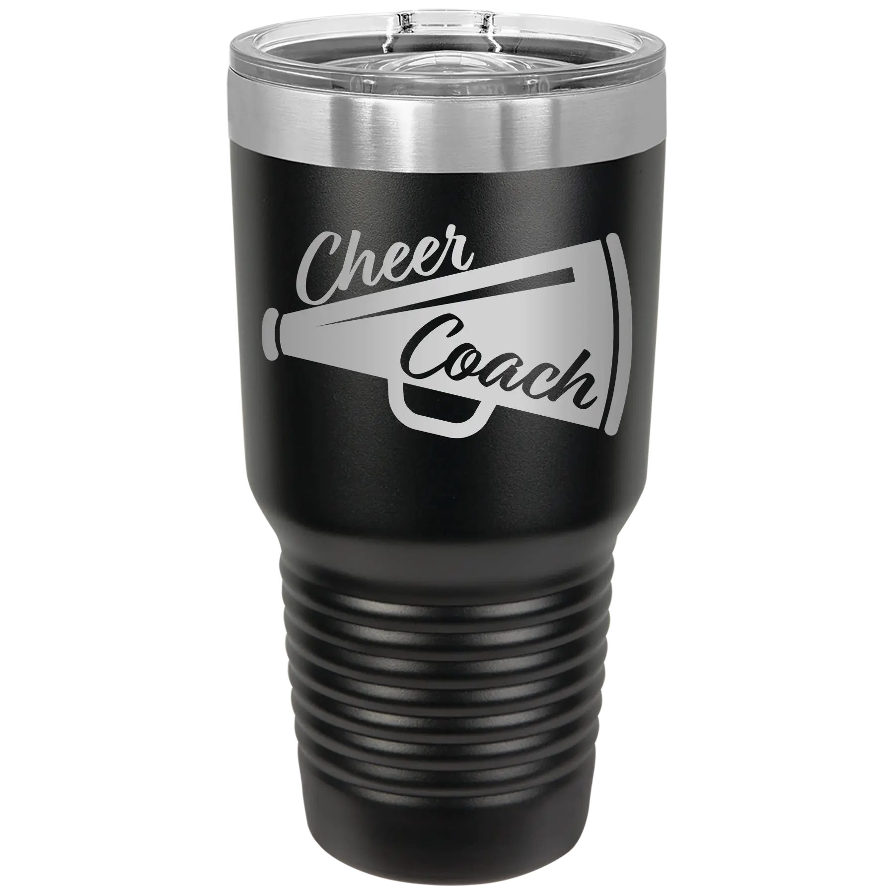 Laser etched black 30 oz vacuum insulated tumbler with 'Cheer Coach' design