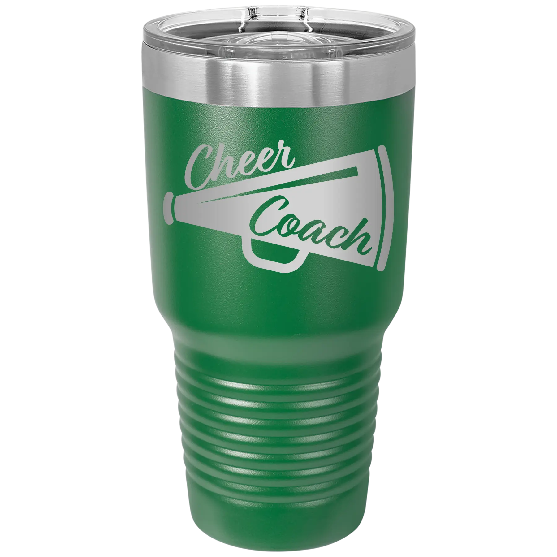 Laser etched green 30 oz vacuum insulated tumbler with 'Cheer Coach' design