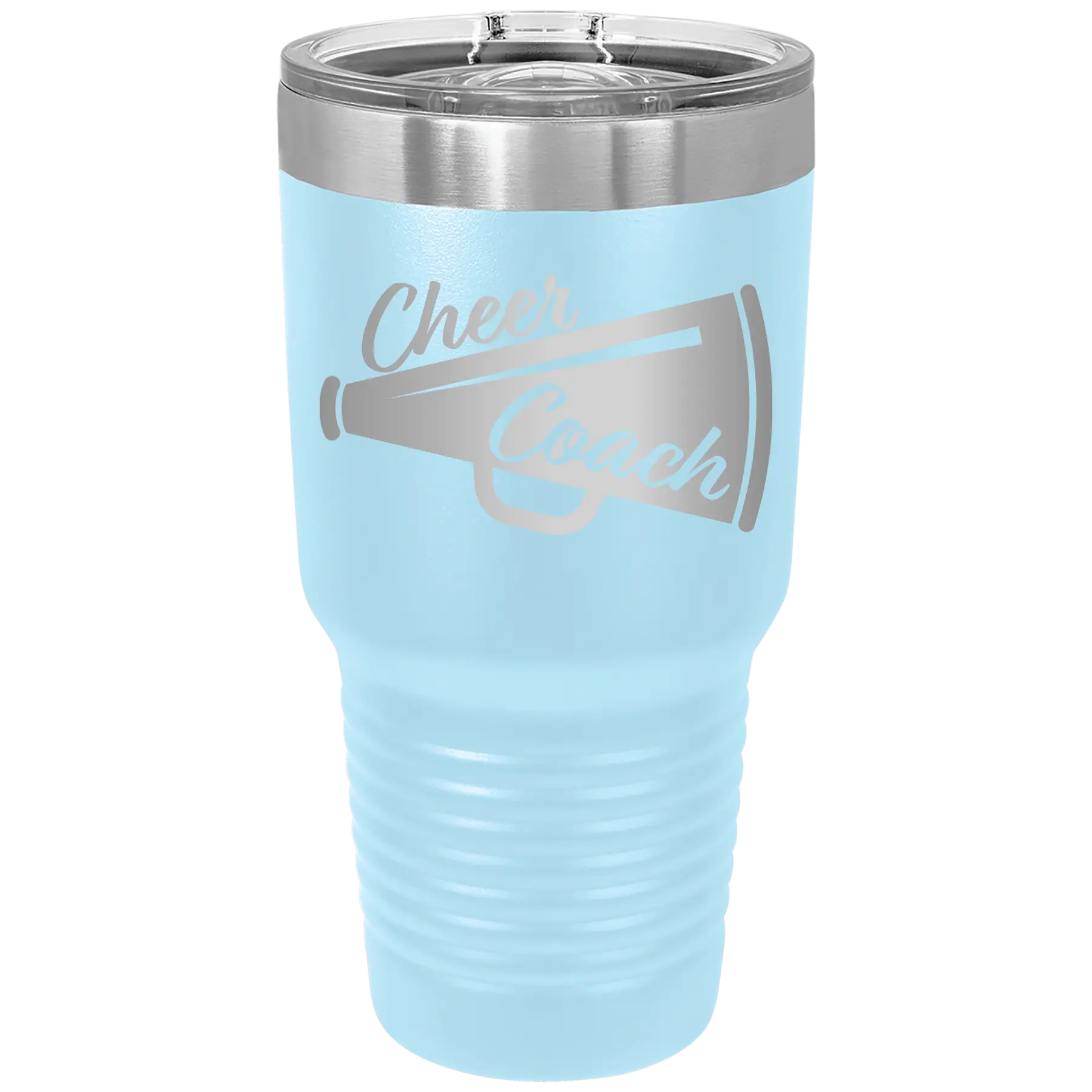Laser etched light blue 30 oz vacuum insulated tumbler with 'Cheer Coach' design