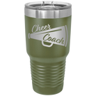 Laser etched olive green 30 oz vacuum insulated tumbler with 'Cheer Coach' design
