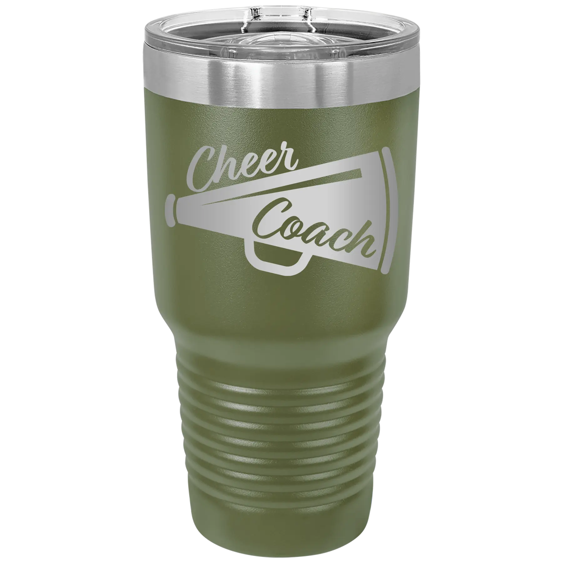 Laser etched olive green 30 oz vacuum insulated tumbler with 'Cheer Coach' design
