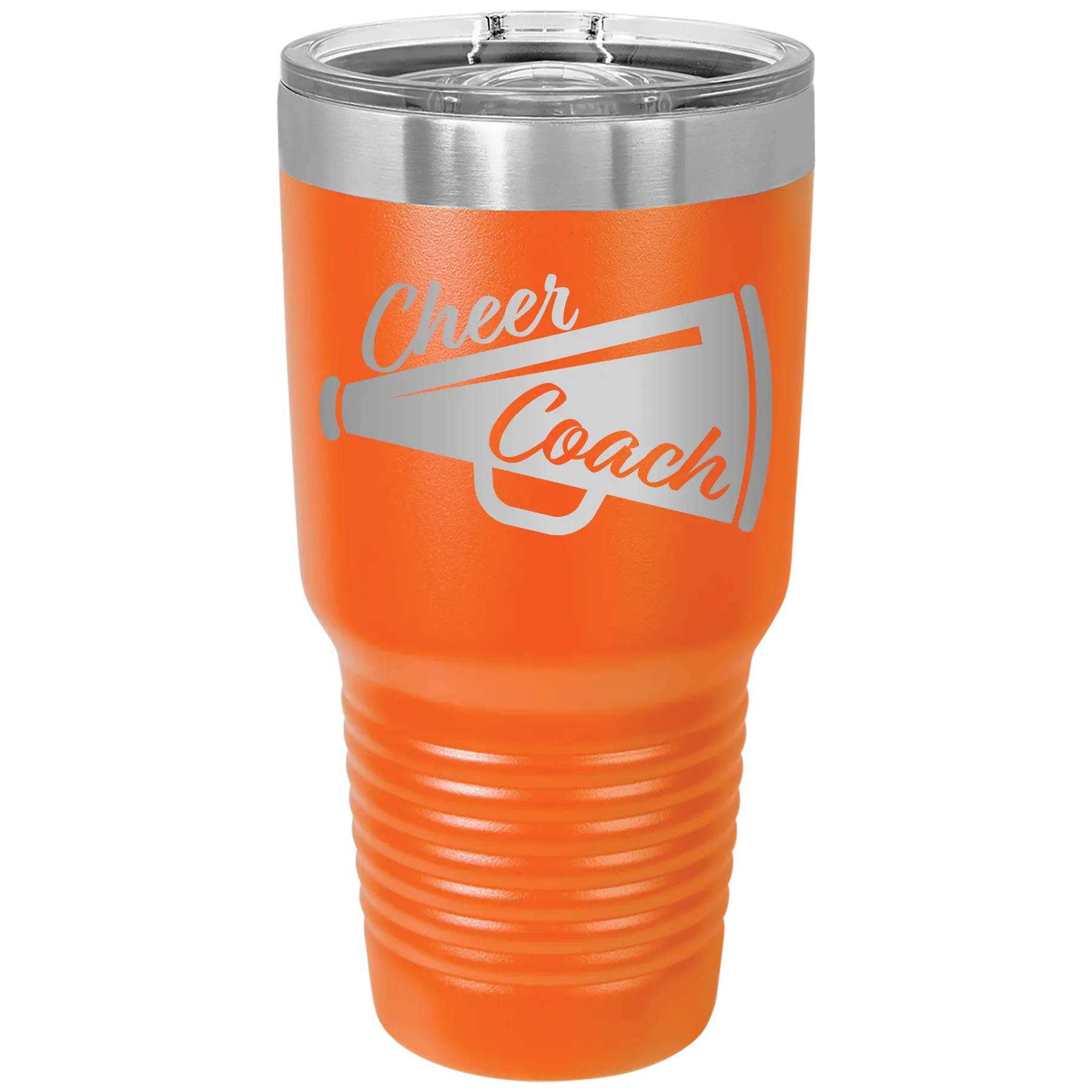 Laser etched orange 30 oz vacuum insulated tumbler with 'Cheer Coach' design