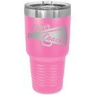 Laser etched pink 30 oz vacuum insulated tumbler with 'Cheer Coach' design