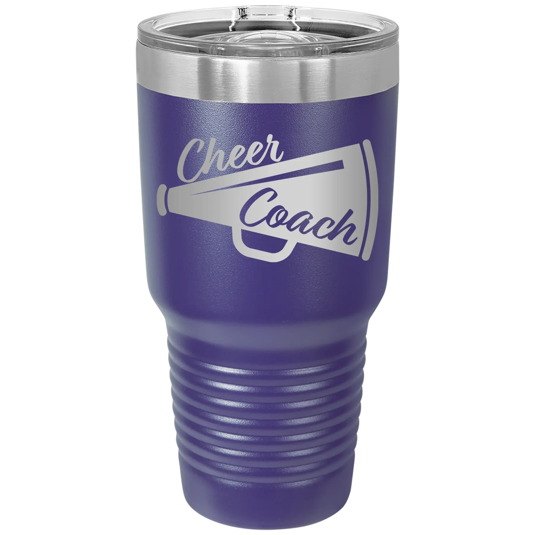 Laser etched purple 30 oz vacuum insulated tumbler with 'Cheer Coach' design
