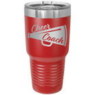Laser etched red 30 oz vacuum insulated tumbler with 'Cheer Coach' design