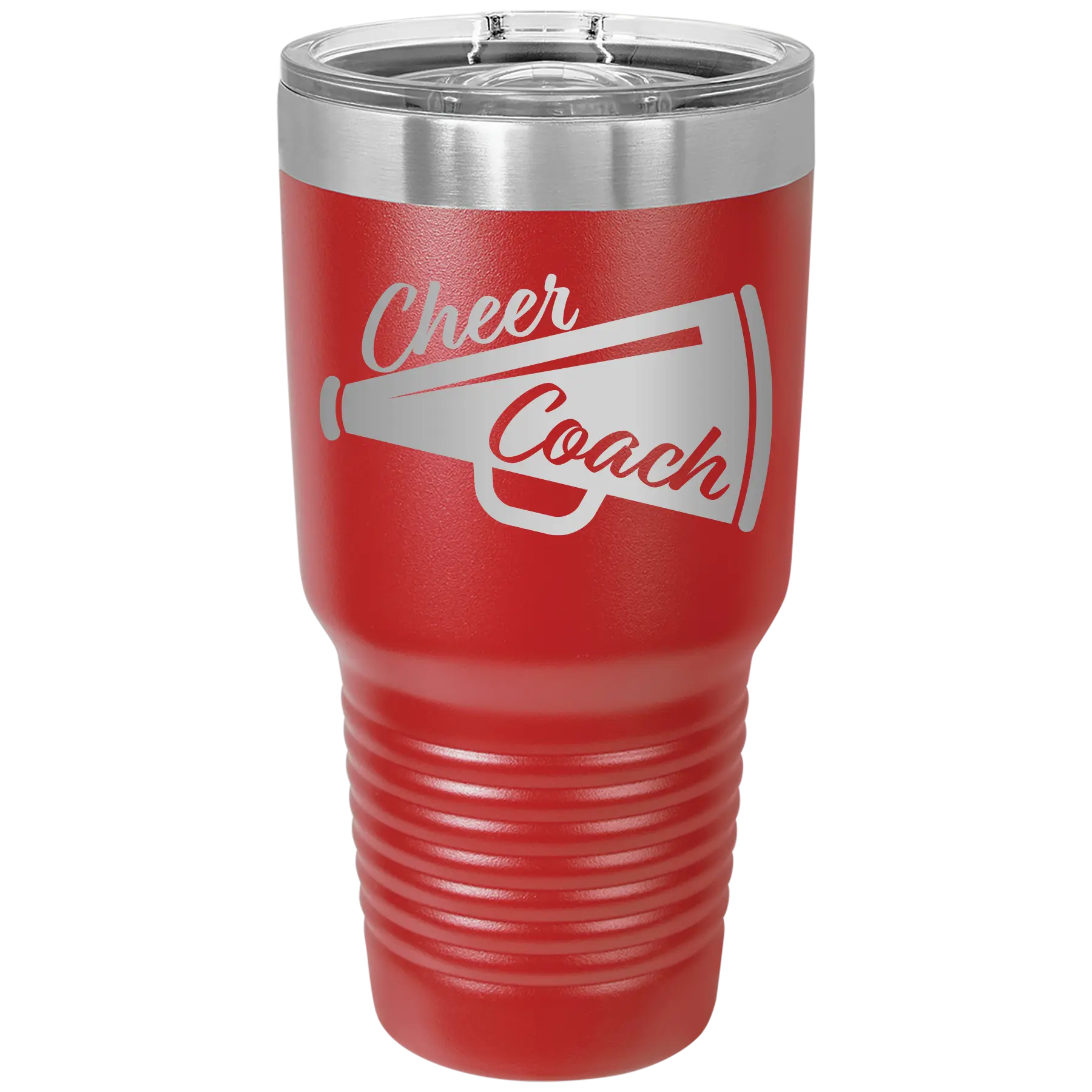 Laser etched red 30 oz vacuum insulated tumbler with 'Cheer Coach' design
