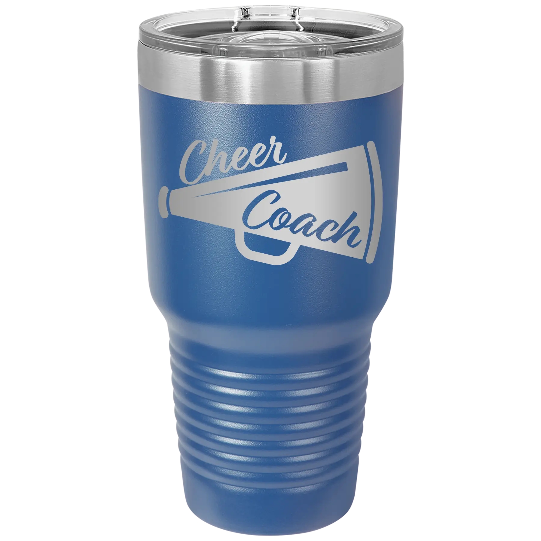 Laser etched royal blue 30 oz vacuum insulated tumbler with 'Cheer Coach' design
