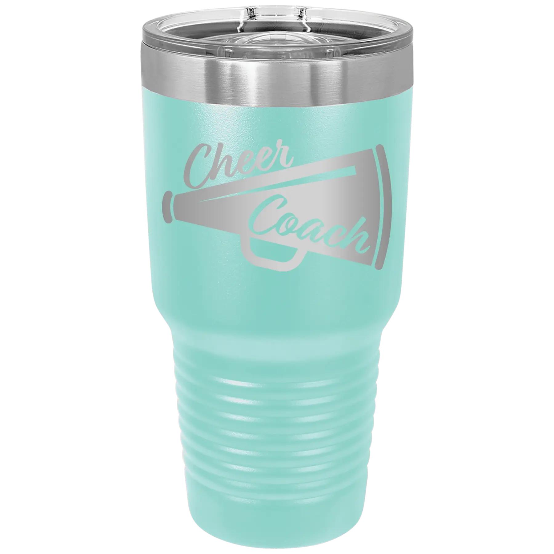 Laser etched teal 30 oz vacuum insulated tumbler with 'Cheer Coach' design
