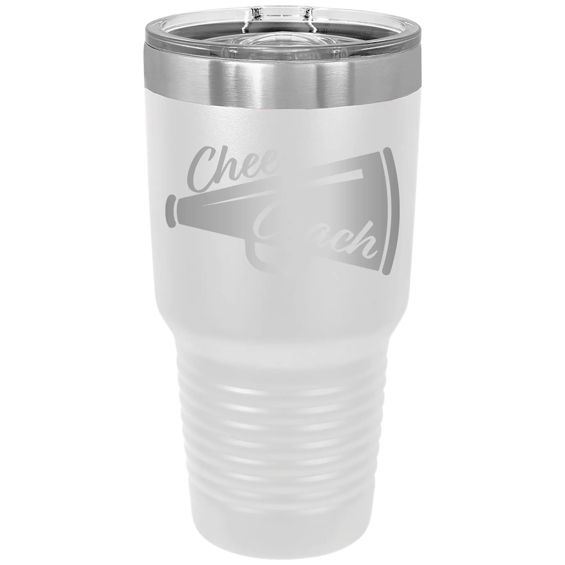 Laser etched white 30 oz vacuum insulated tumbler with 'Cheer Coach' design