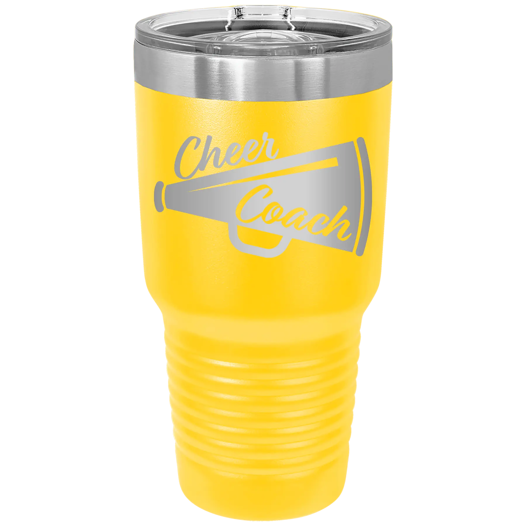 Laser etched yellow 30 oz vacuum insulated tumbler with 'Cheer Coach' design