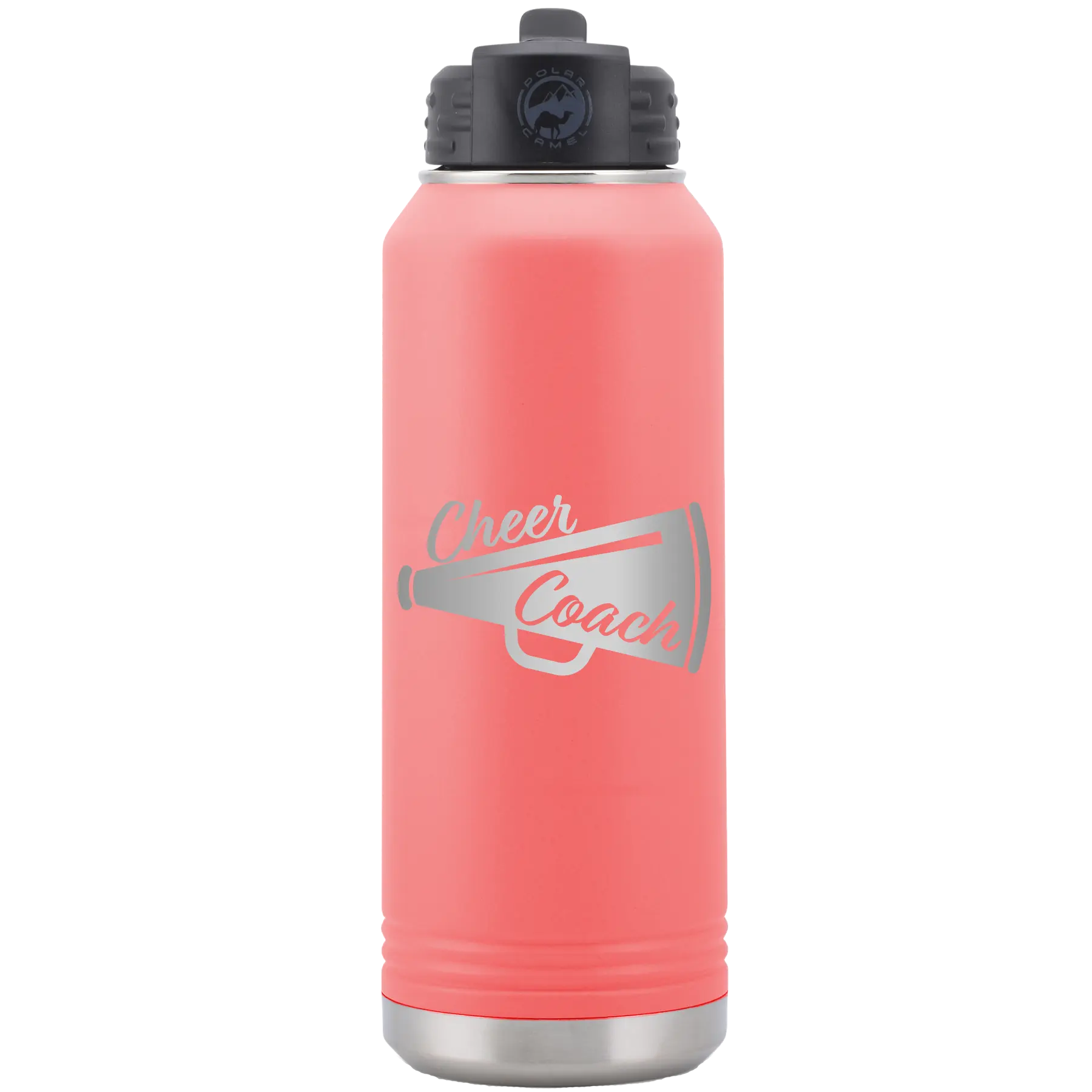 Laser etched coral 32 oz vacuum insulated water bottle with 'Cheer Coach' design