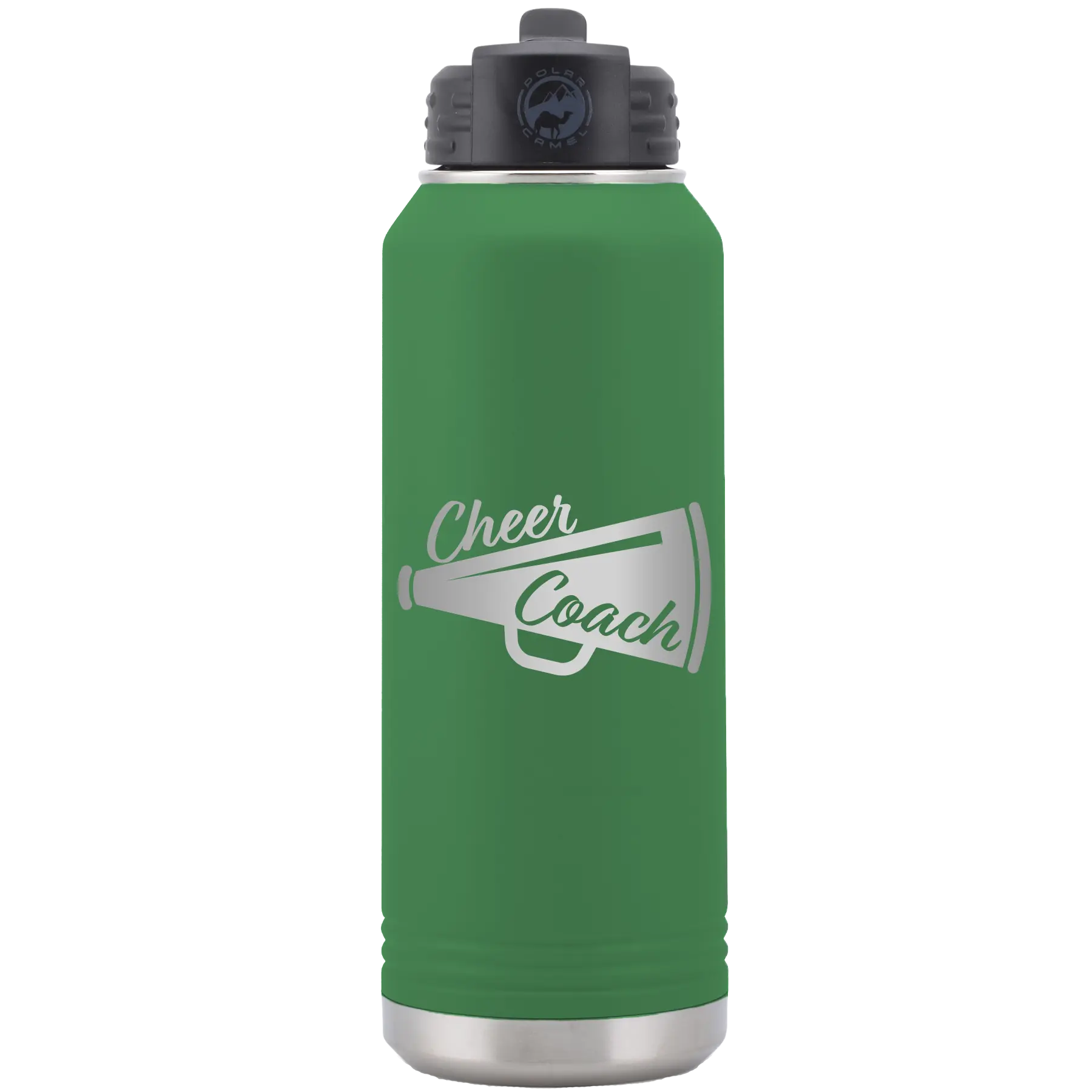 Laser etched green 32 oz vacuum insulated water bottle with 'Cheer Coach' design
