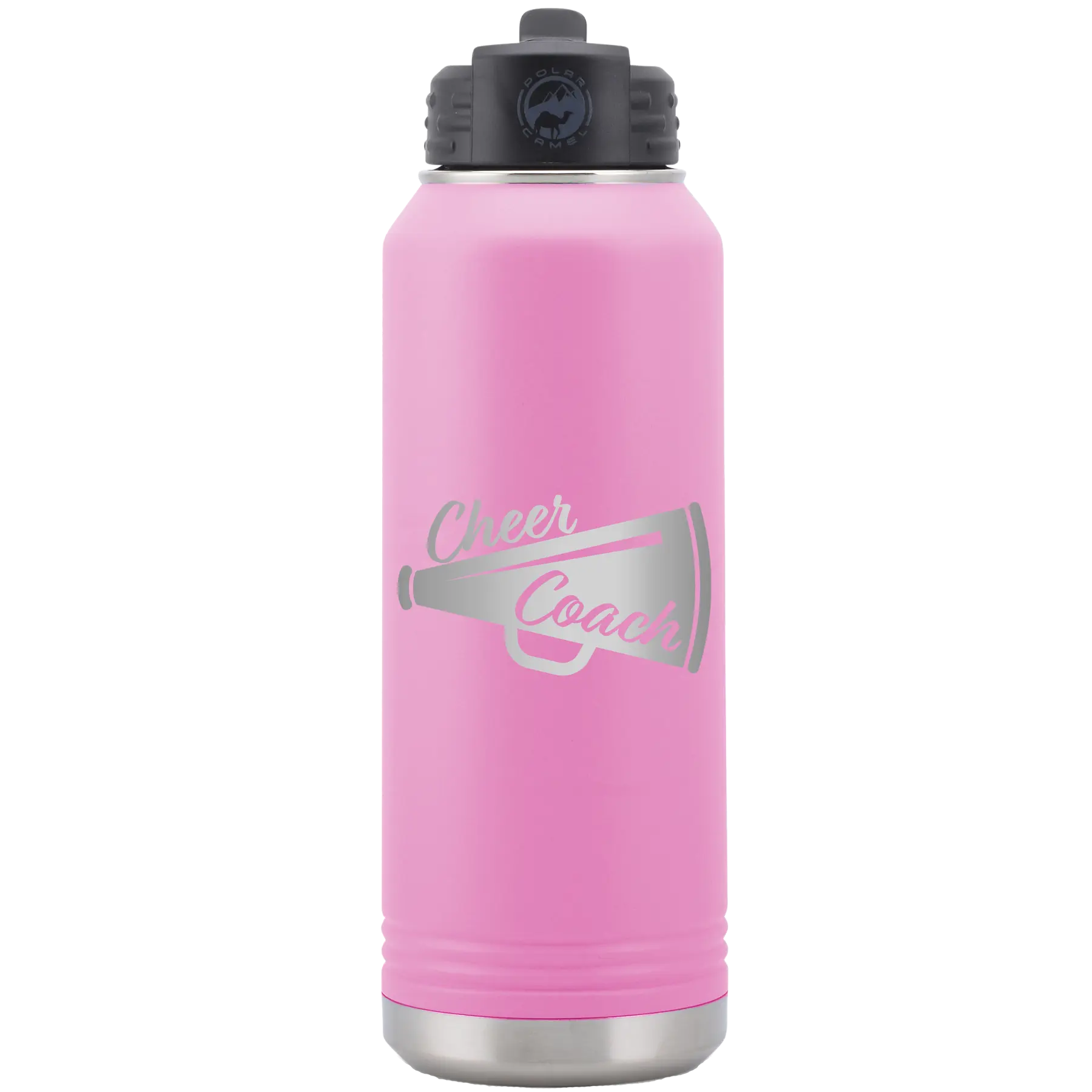 Laser etched light purple 32 oz vacuum insulated water bottle with 'Cheer Coach' design