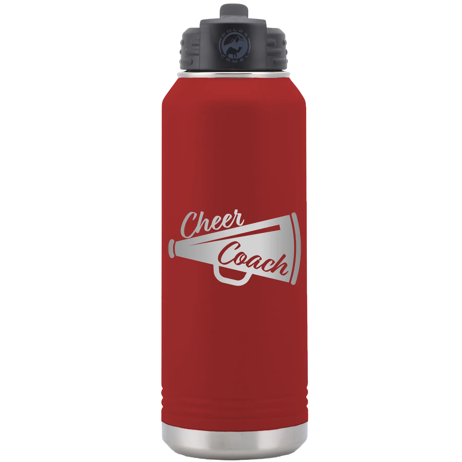 Laser etched maroon 32 oz vacuum insulated water bottle with 'Cheer Coach' design