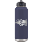 Laser etched navy 32 oz vacuum insulated water bottle with 'Cheer Coach' design
