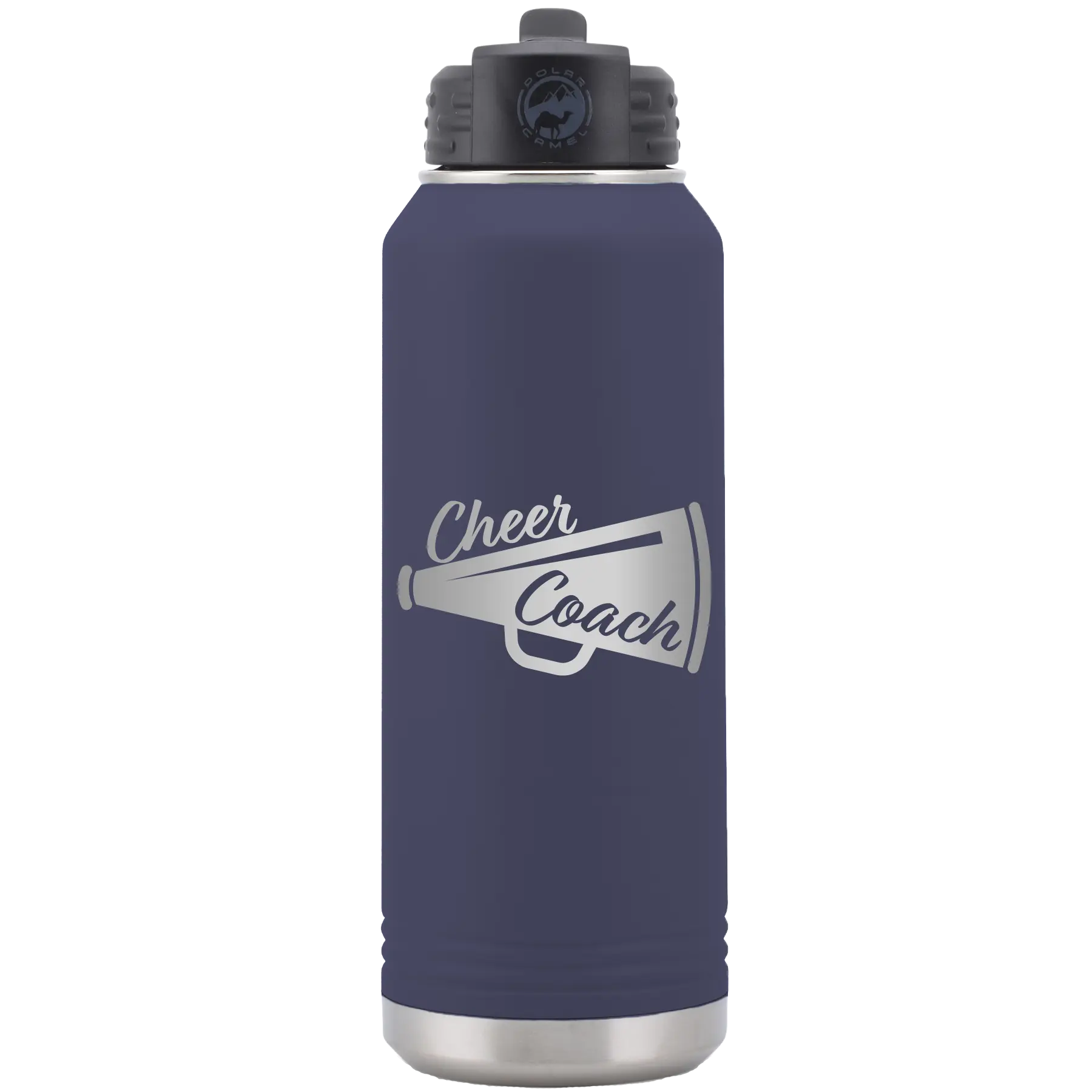 Laser etched navy 32 oz vacuum insulated water bottle with 'Cheer Coach' design