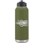 Laser etched olive green 32 oz vacuum insulated water bottle with 'Cheer Coach' design