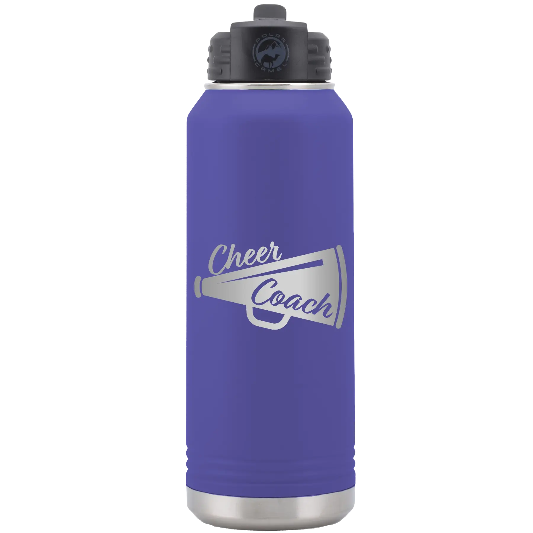 Laser etched purple 32 oz vacuum insulated water bottle with 'Cheer Coach' design
