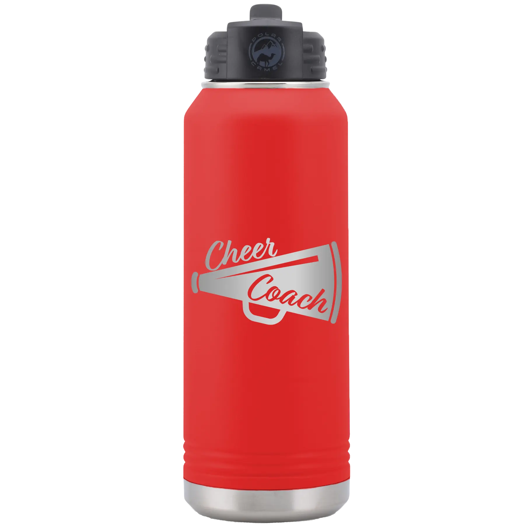 Laser etched red 32 oz vacuum insulated water bottle with 'Cheer Coach' design