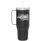 Laser etched black 40 oz vacuum insulated tumbler mug with 'Cheer Coach' design