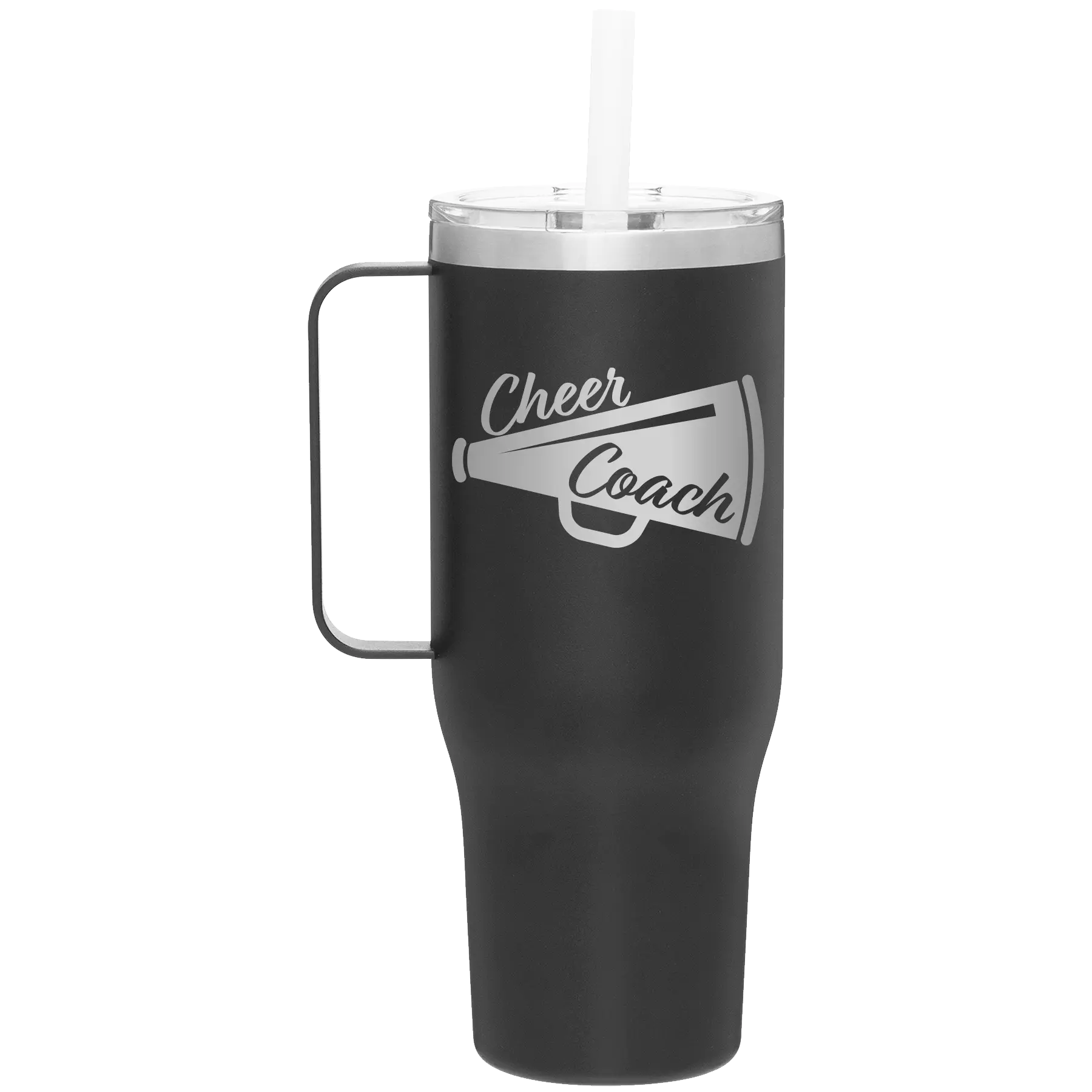 Laser etched black 40 oz vacuum insulated tumbler mug with 'Cheer Coach' design