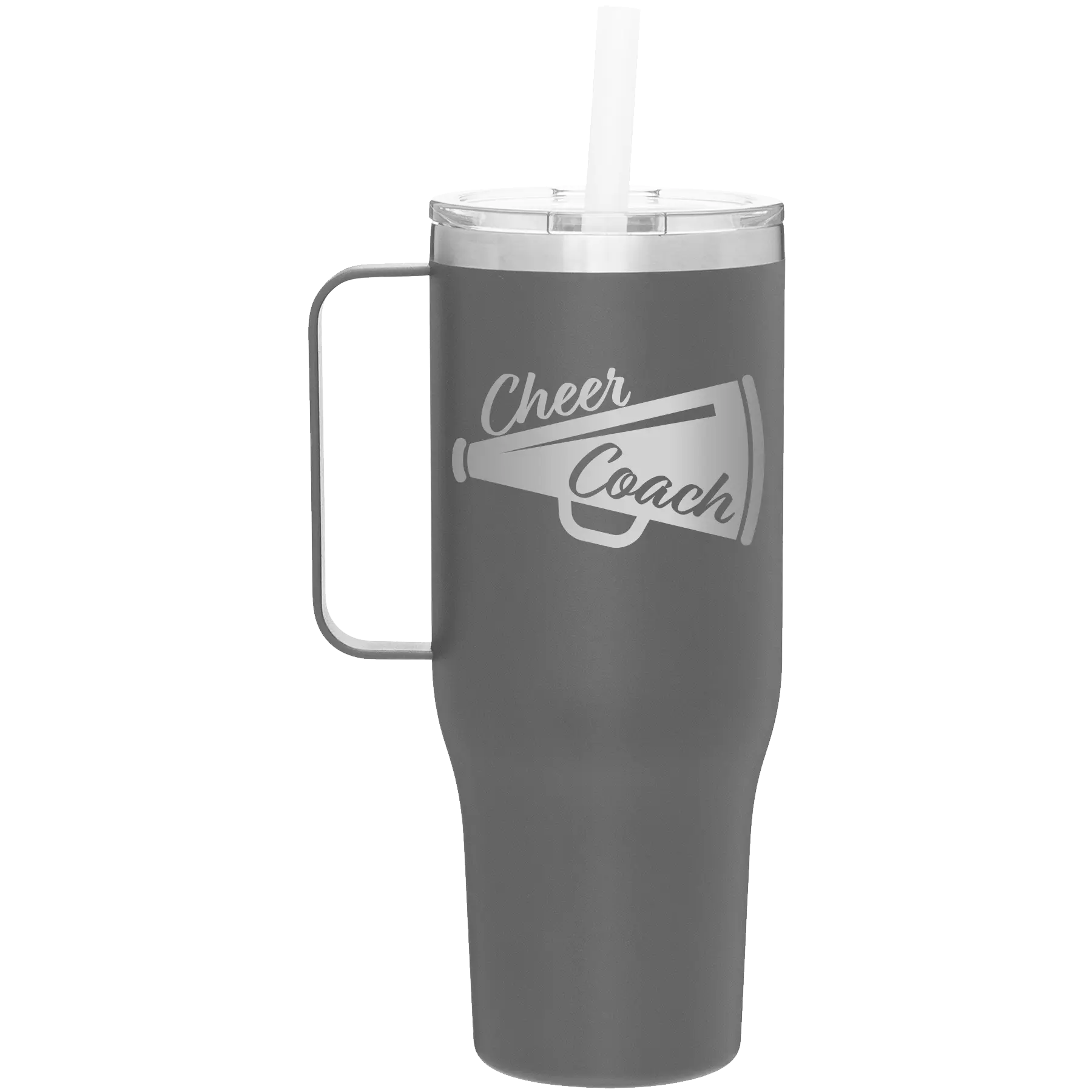 Laser etched slate 40 oz vacuum insulated tumbler mug with 'Cheer Coach' design