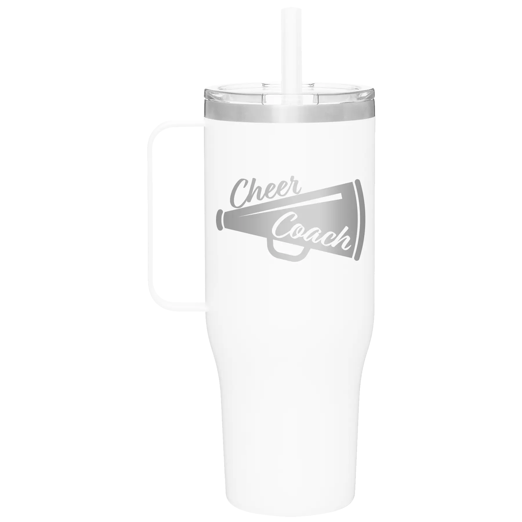 Laser etched white 40 oz vacuum insulated tumbler mug with 'Cheer Coach' design