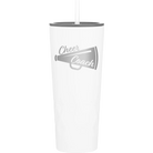 Laser etched white 20 oz vacuum insulated tumbler with 'Cheer Coach' design