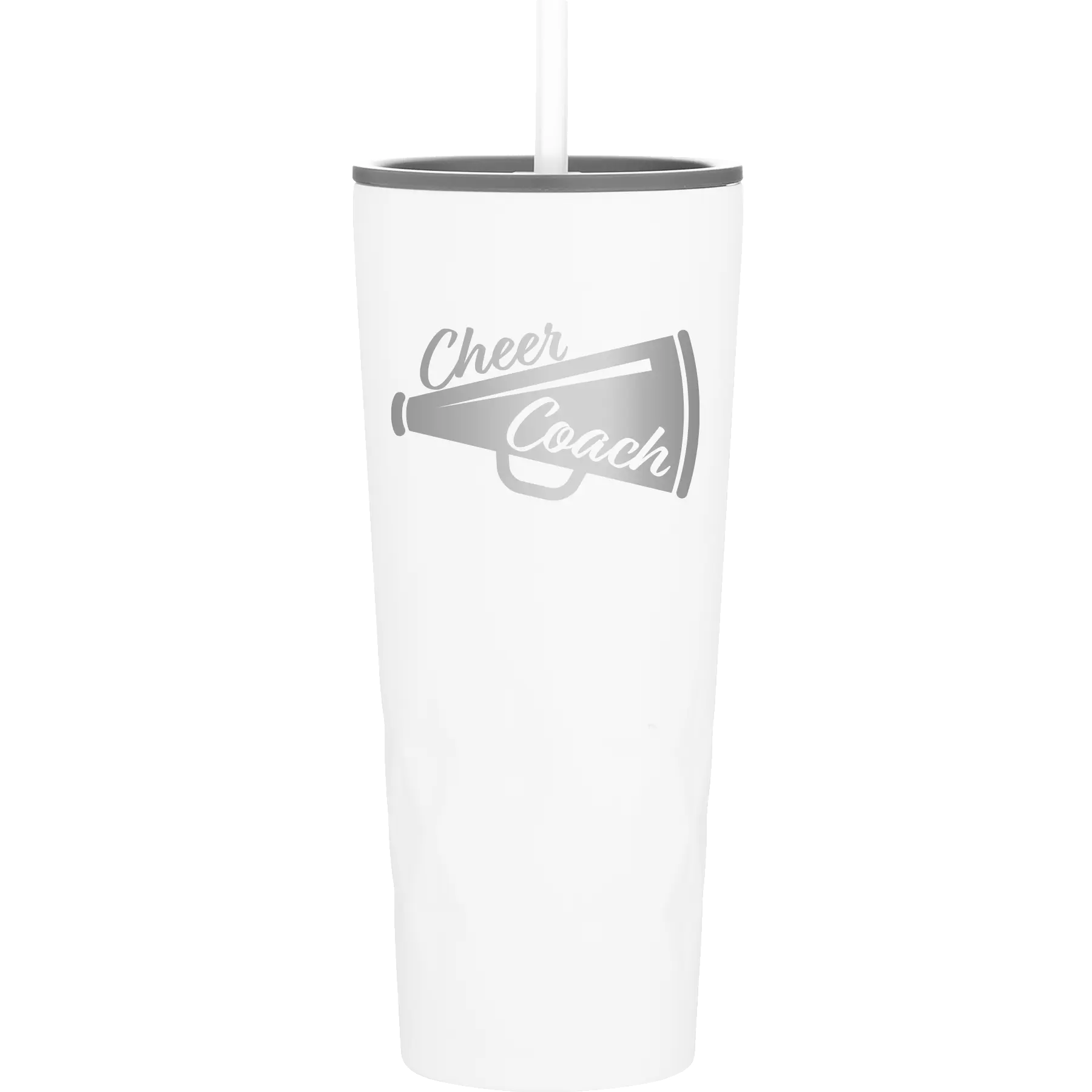 Laser etched white 20 oz vacuum insulated tumbler with 'Cheer Coach' design