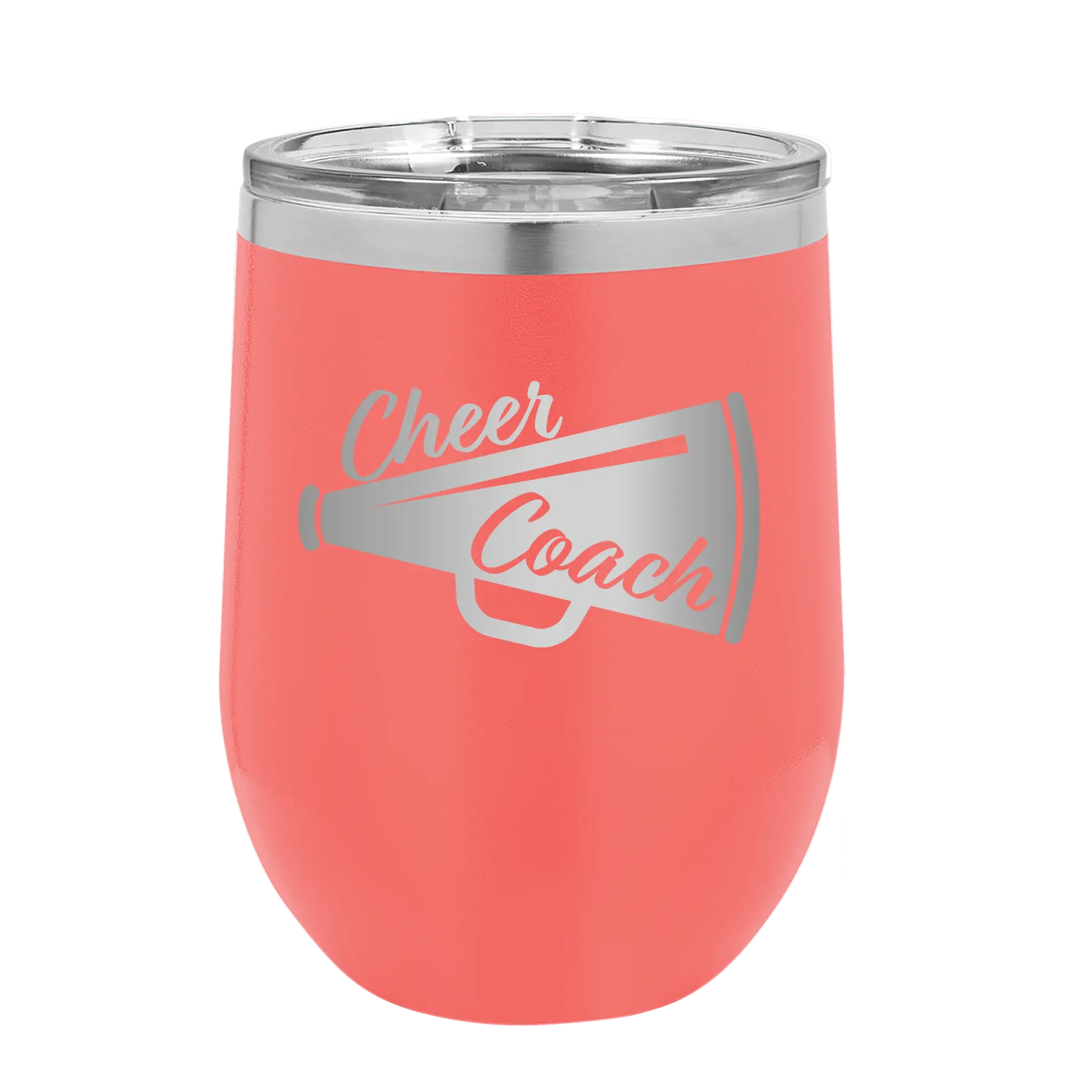 Laser etched coral 12 oz vacuum insulated wine cup with 'Cheer Coach' design