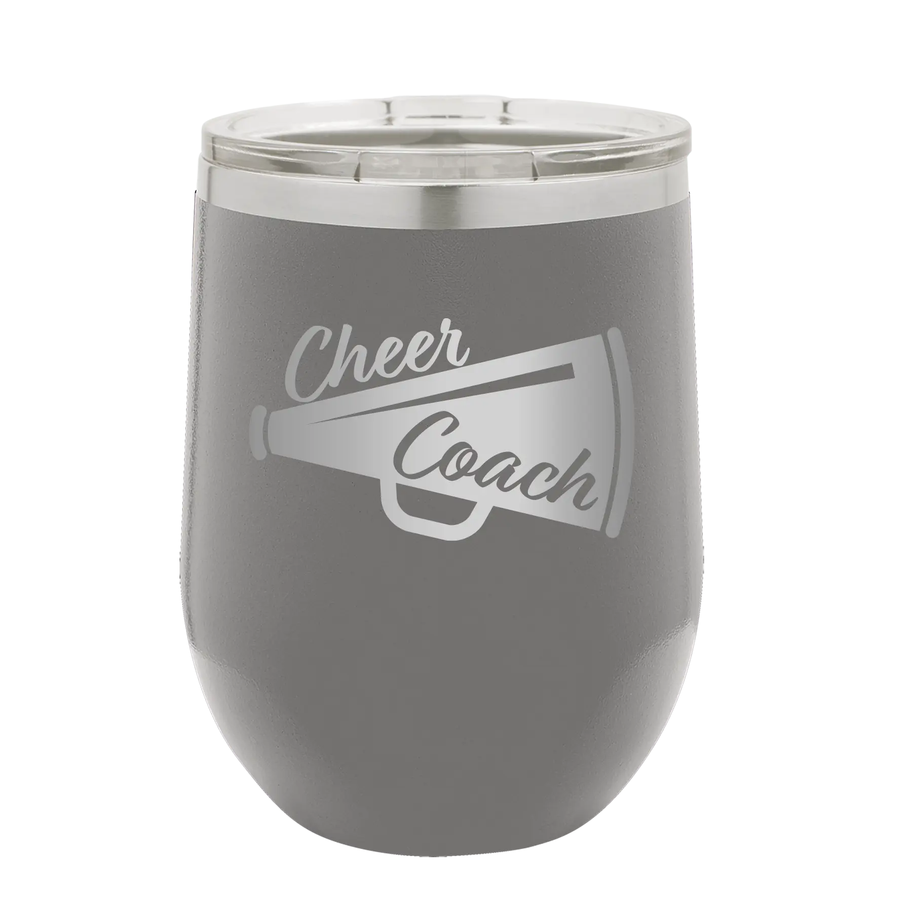 Laser etched dark gray 12 oz vacuum insulated wine cup with 'Cheer Coach' design