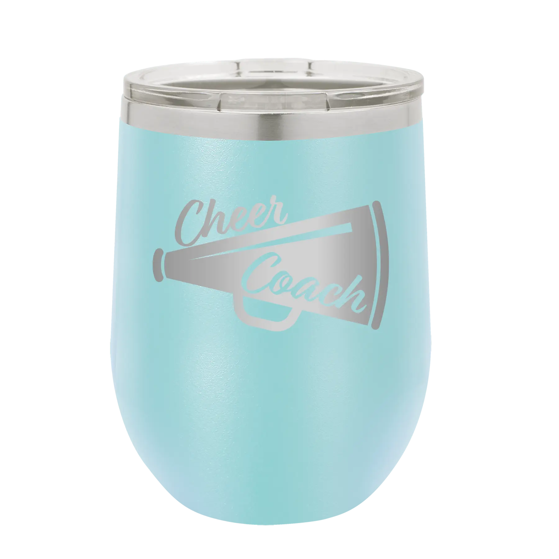 Laser etched light blue 12 oz vacuum insulated wine cup with 'Cheer Coach' design