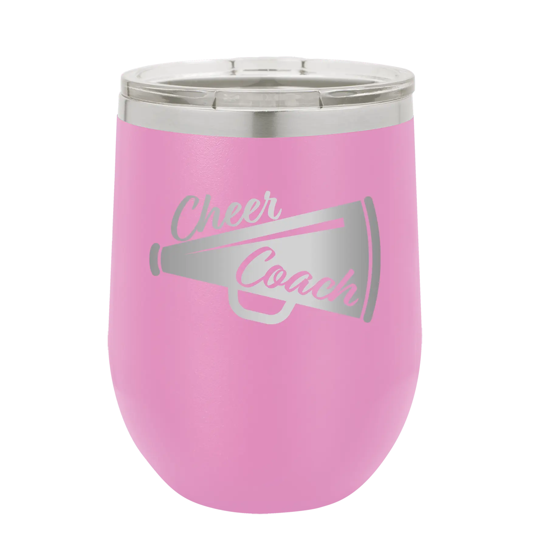 Laser etched light purple 12 oz vacuum insulated wine cup with 'Cheer Coach' design