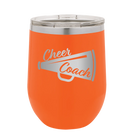 Laser etched orange 12 oz vacuum insulated wine cup with 'Cheer Coach' design