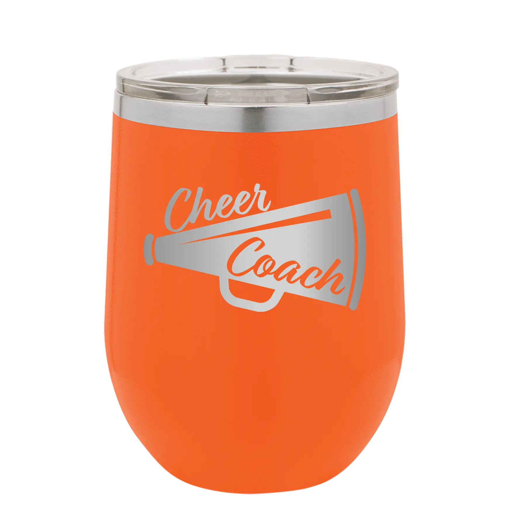 Laser etched orange 12 oz vacuum insulated wine cup with 'Cheer Coach' design