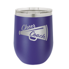 Laser etched purple 12 oz vacuum insulated wine cup with 'Cheer Coach' design