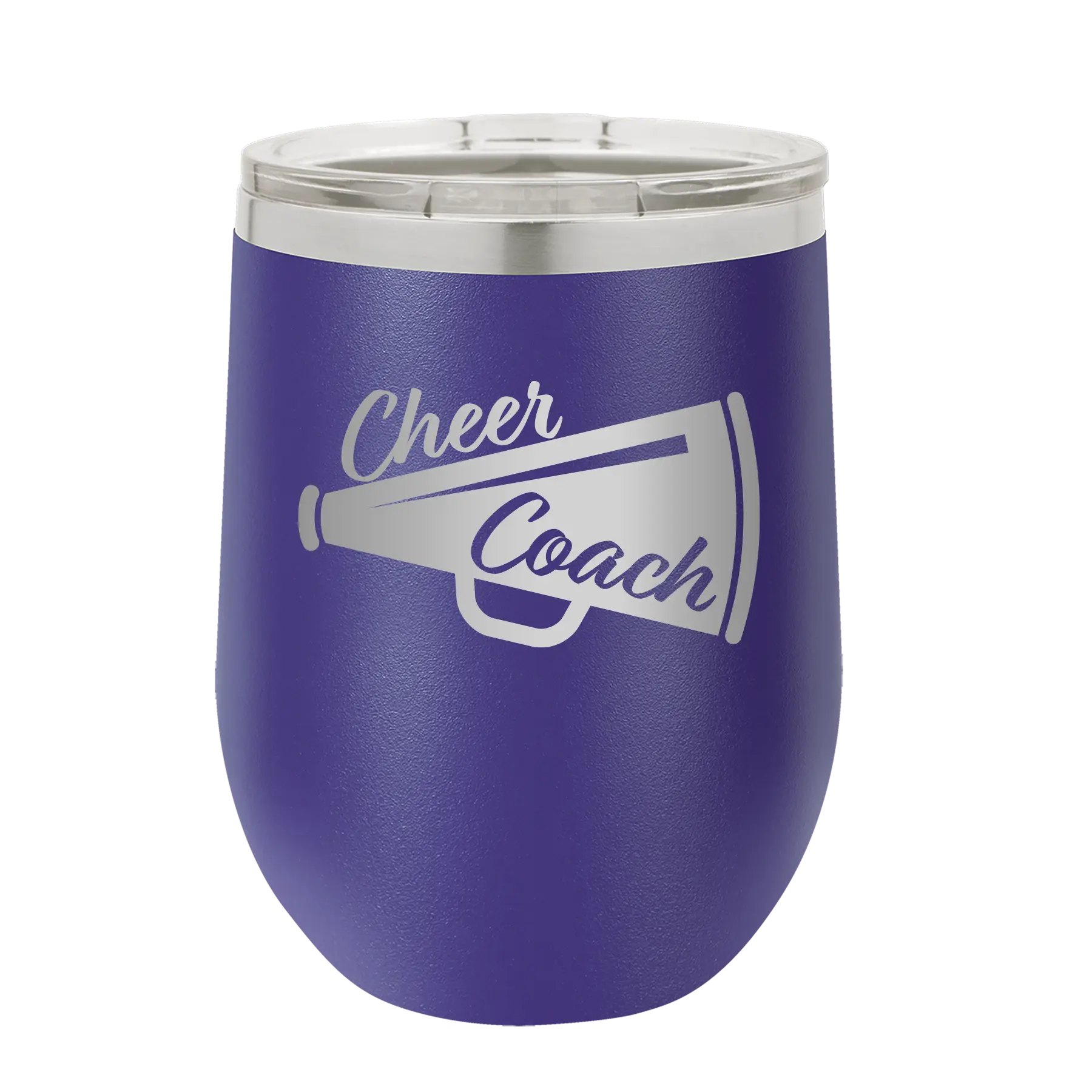Laser etched purple 12 oz vacuum insulated wine cup with 'Cheer Coach' design