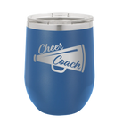 Laser etched royal blue 12 oz vacuum insulated wine cup with 'Cheer Coach' design
