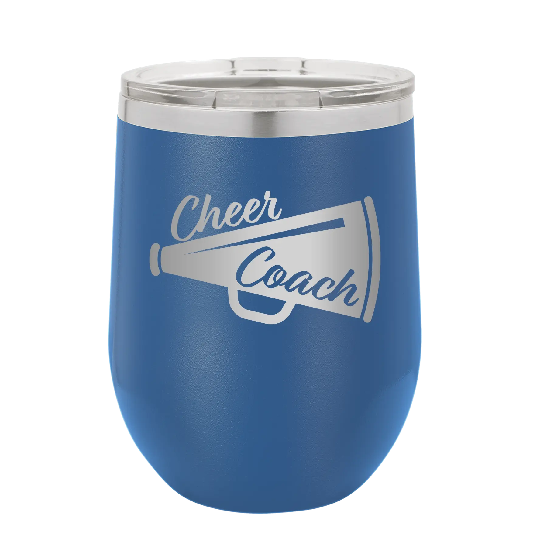 Laser etched royal blue 12 oz vacuum insulated wine cup with 'Cheer Coach' design