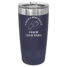 Personalized navy 20 oz vacuum insulated tumbler with 'WORLDS BEST COACH' design