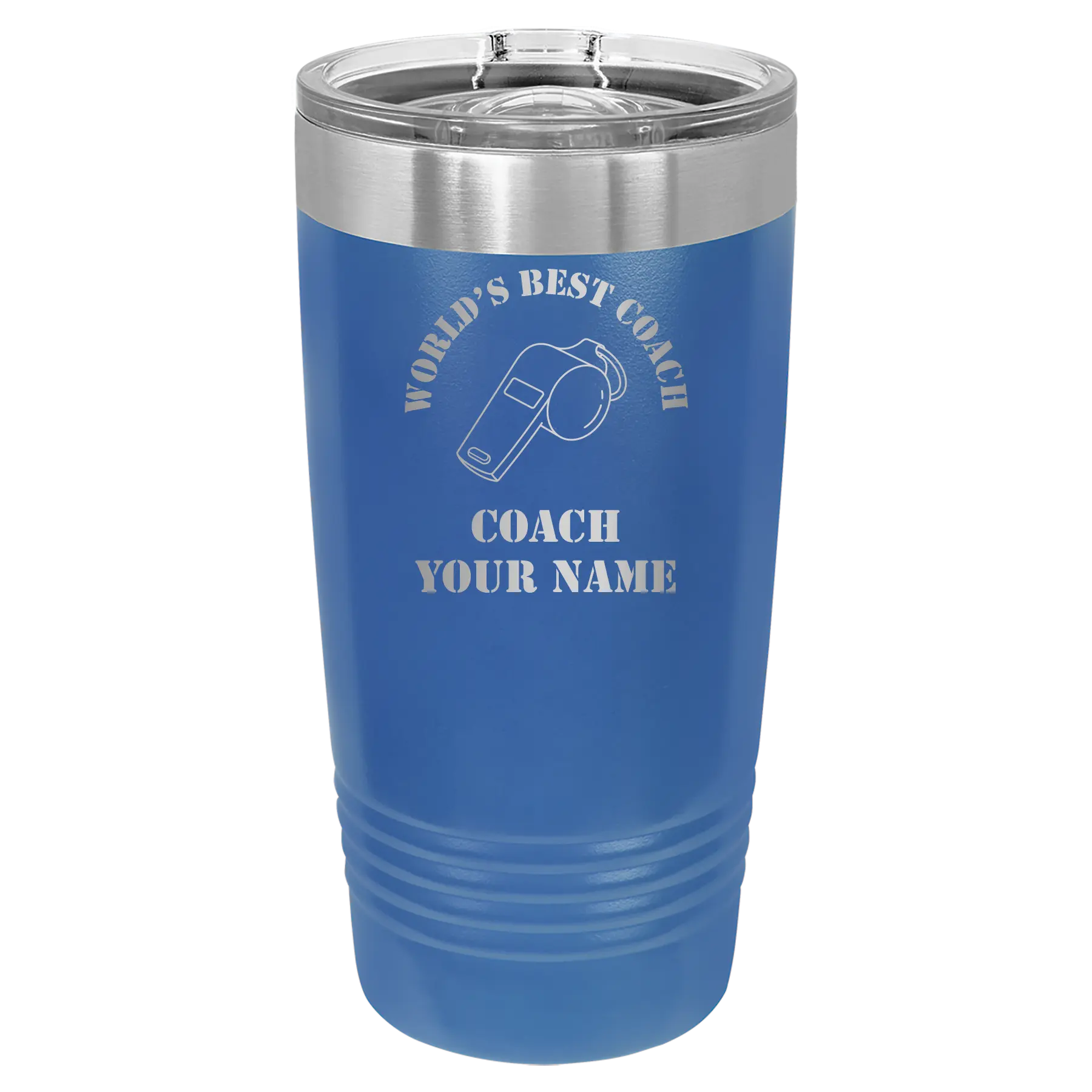 Personalized royal blue 20 oz vacuum insulated tumbler with 'WORLDS BEST COACH' design