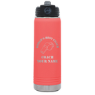 Personalized coral 20 oz vacuum insulated water bottle with 'WORLDS BEST COACH' design