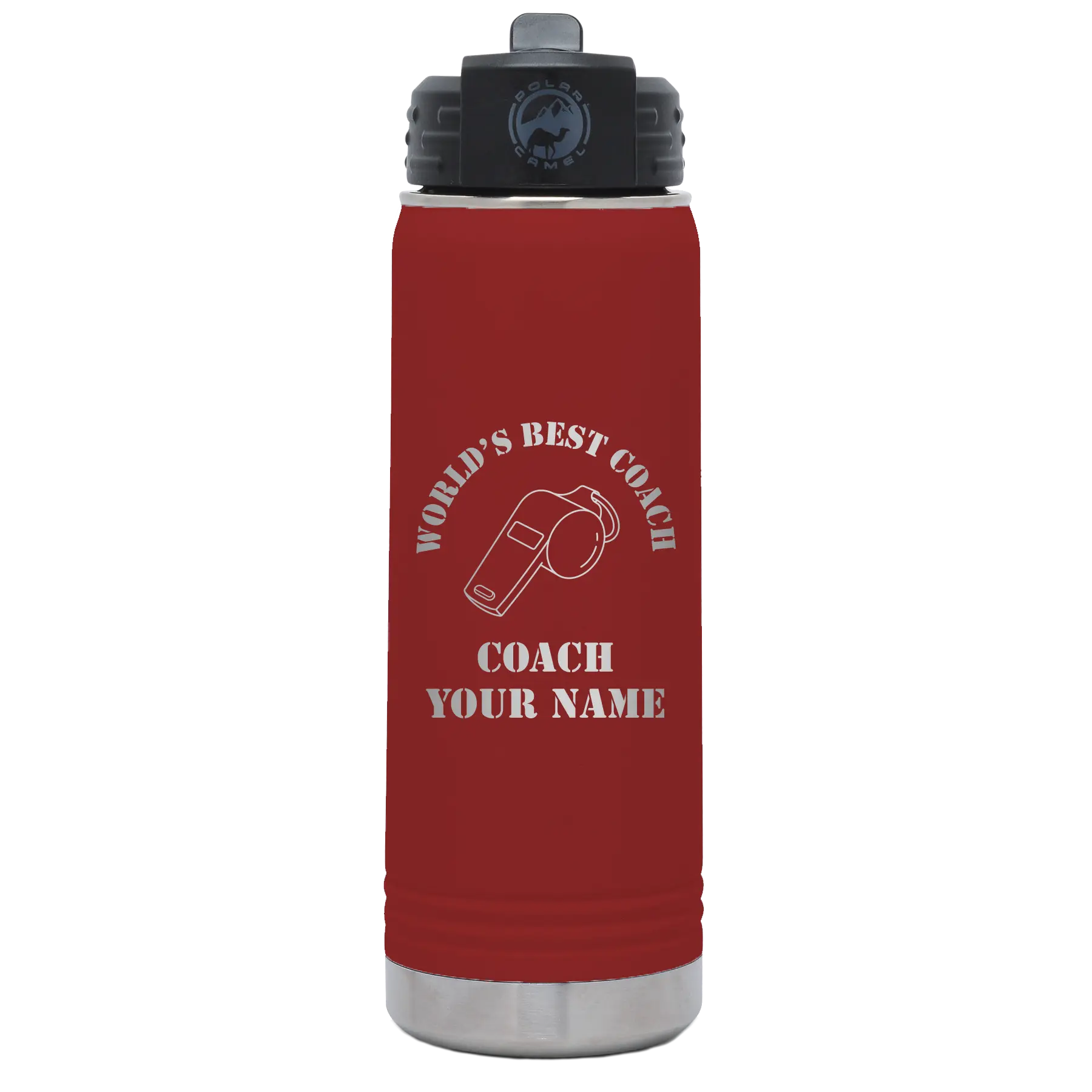 Personalized maroon 20 oz vacuum insulated water bottle with 'WORLDS BEST COACH' design